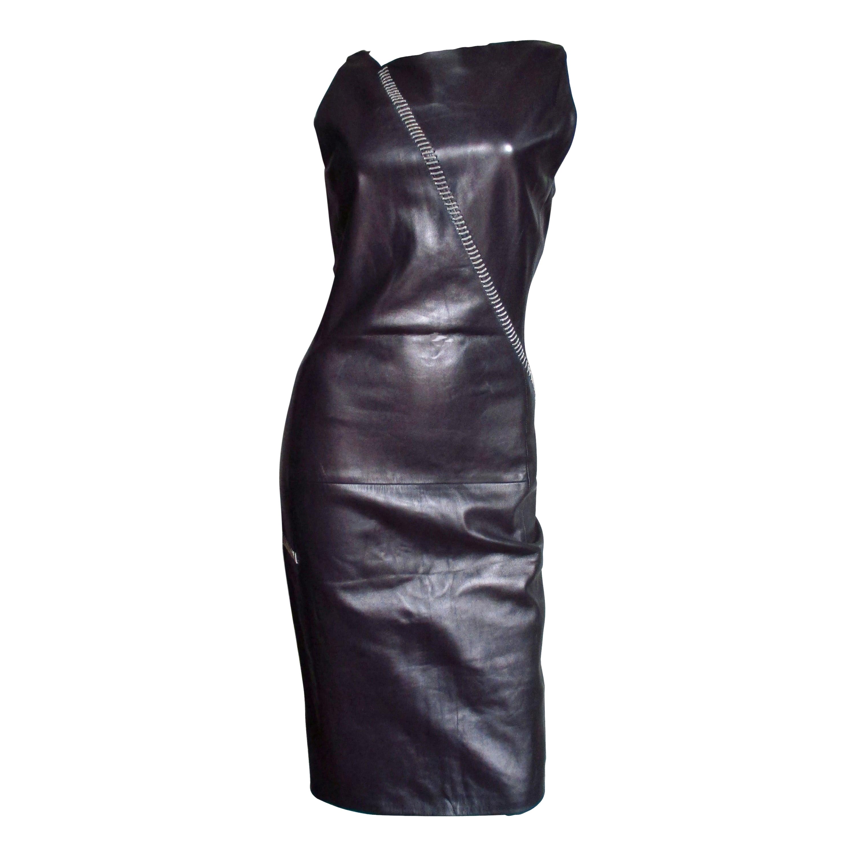 Gianni Versace New Leather Dress with Chain Trim 1990s For Sale