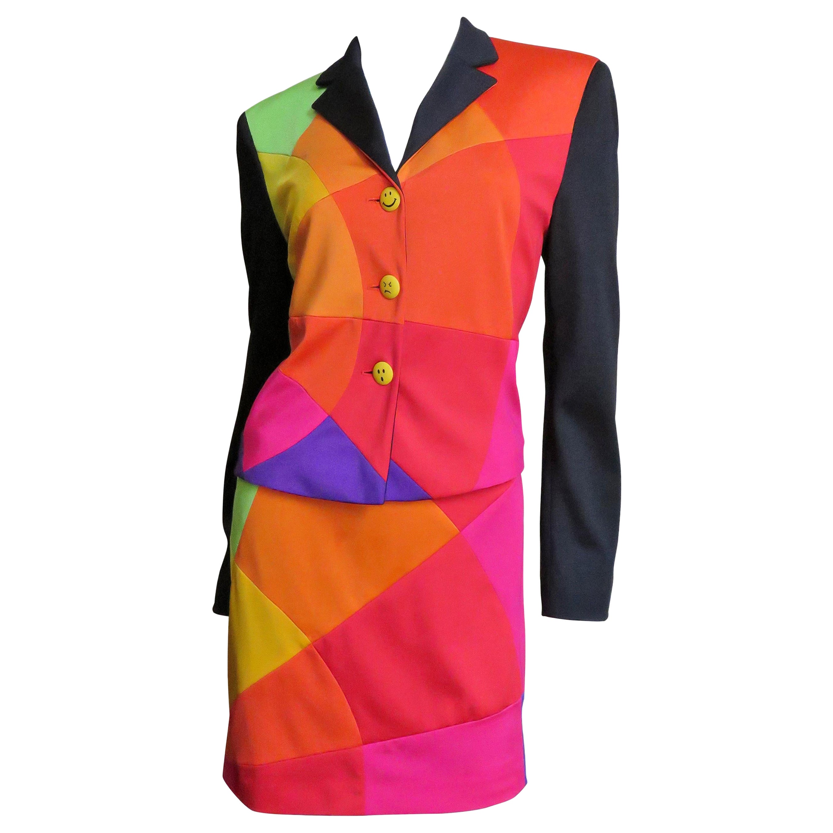 Moschino Color Block Skirt Suit with Emoji Buttons For Sale