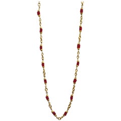 Chanel Vintage Red Bead & Gold Chain Link Necklace