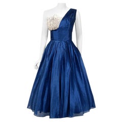 Vintage 1950's Beaumelle Sapphire Organza & Metallic Lace One-Shoulder Dress