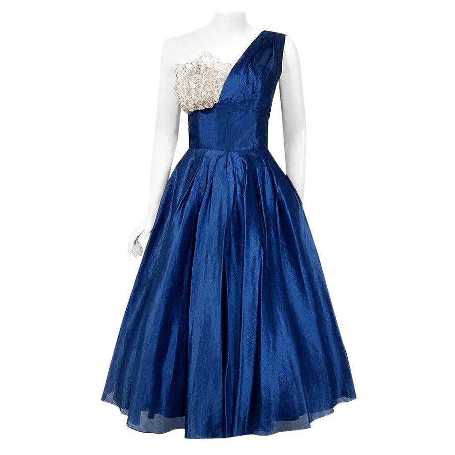 Vintage 1950's Beaumelle Sapphire Organza & Metallic Lace One-Shoulder Dress