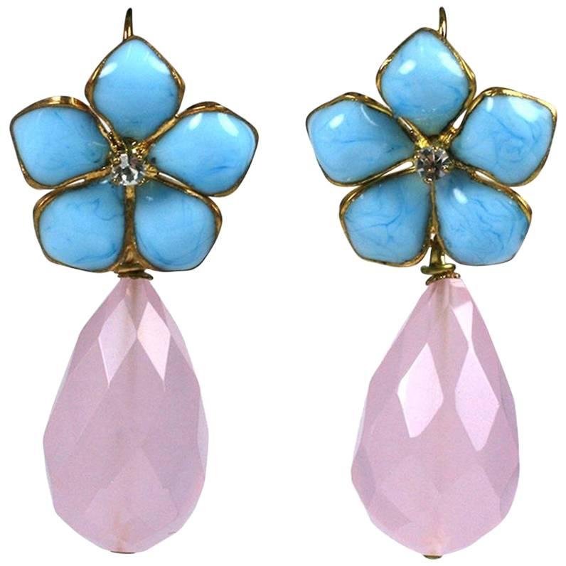 Turquoise Pate de Verre and Rose Quartz "Palm Beach" Earrings, MWLC For Sale