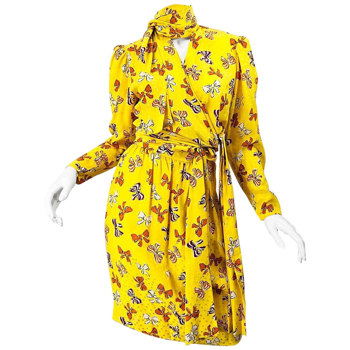 Yves Saint Laurent SS 1987 Runway YSL Yellow Bow Print Silk Blouse + Skirt Dress