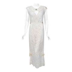 Antique 1910's Edwardian White Embroidered Cotton Cut-Out Bridal Boudior Dress