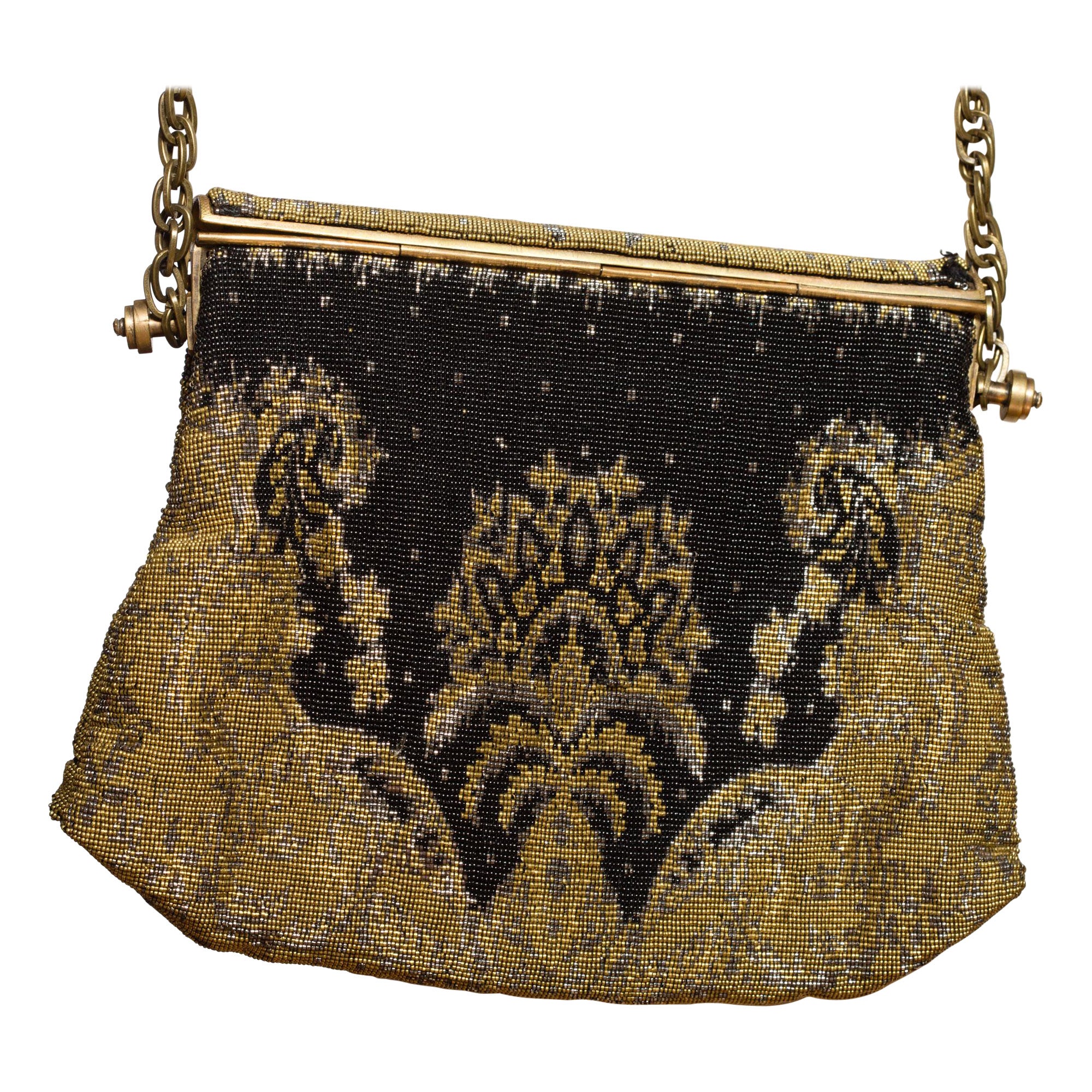 1920S Metal Bag With Black Crystals & Crossbody For Sale
