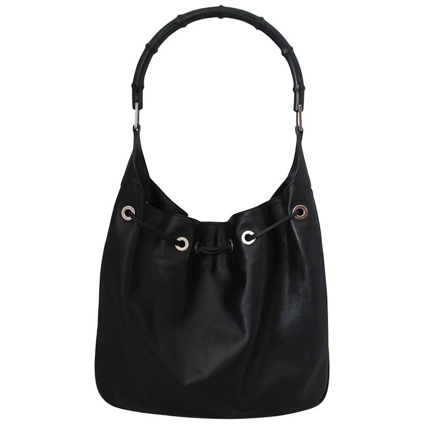 Gucci Black Leather Shoulder Bag with Black Bamboo Handle