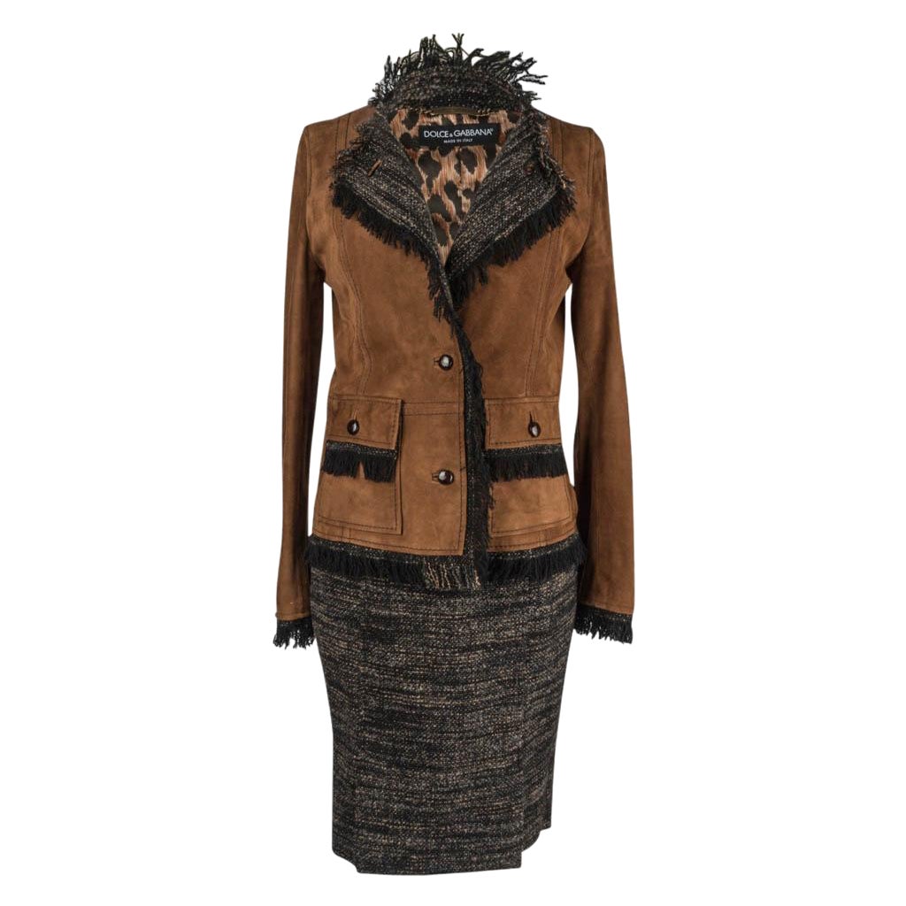 Dolce&Gabbana - Ensemble jupe en daim et tweed avec boutons en cuir, 42/8 en vente