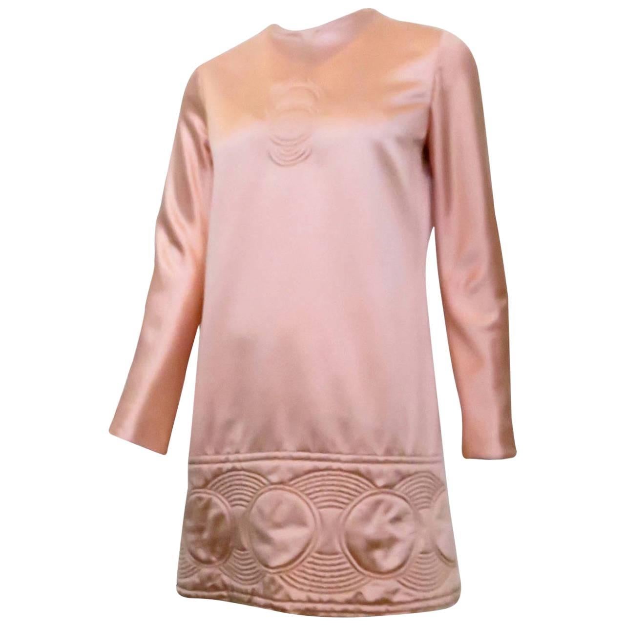 1969 Pierre Cardin Pink Satin Mini Dress with Circle Motif For Sale