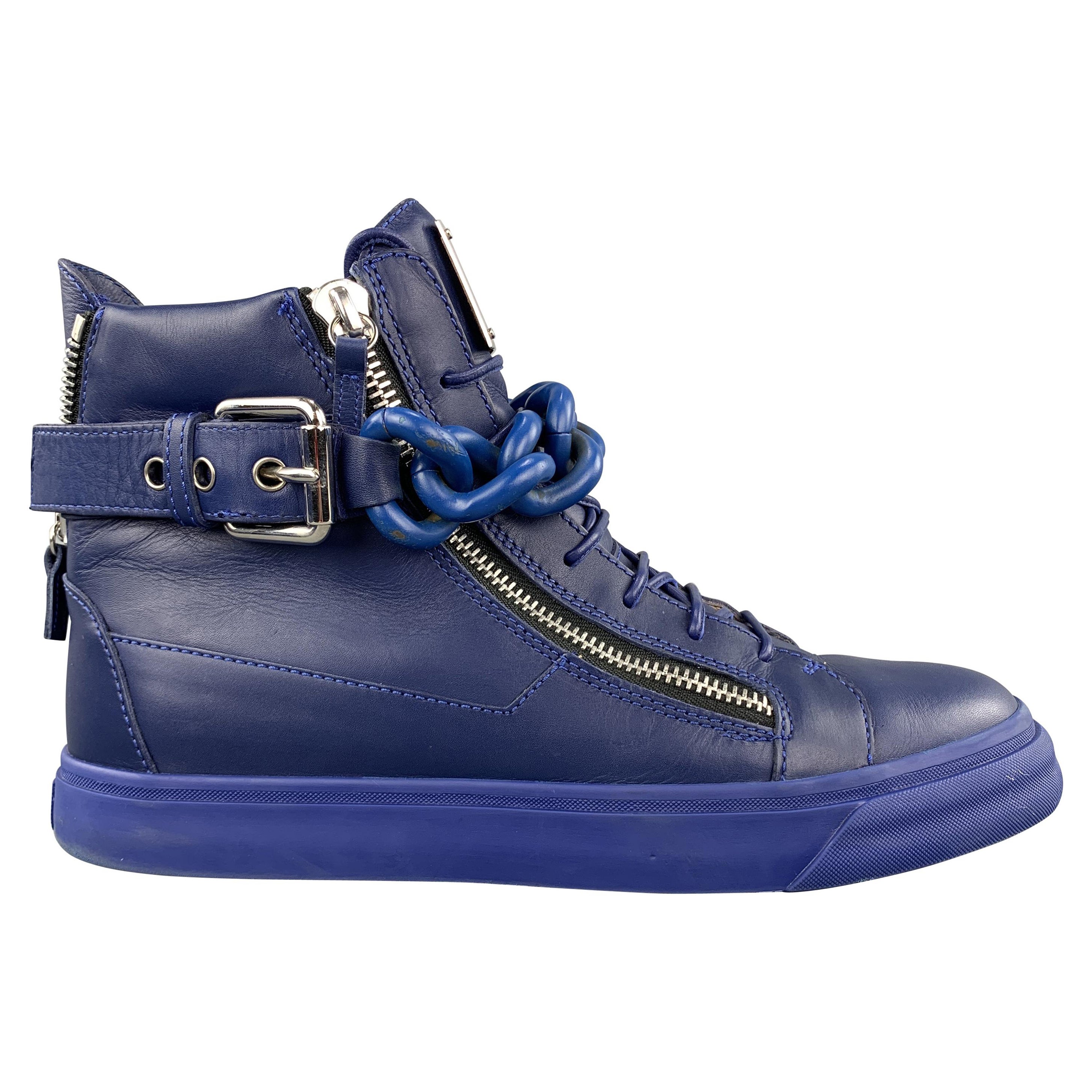 GIUSEPPE ZANOTTI Size 10 Solid Blue Leather High Top Sneakers