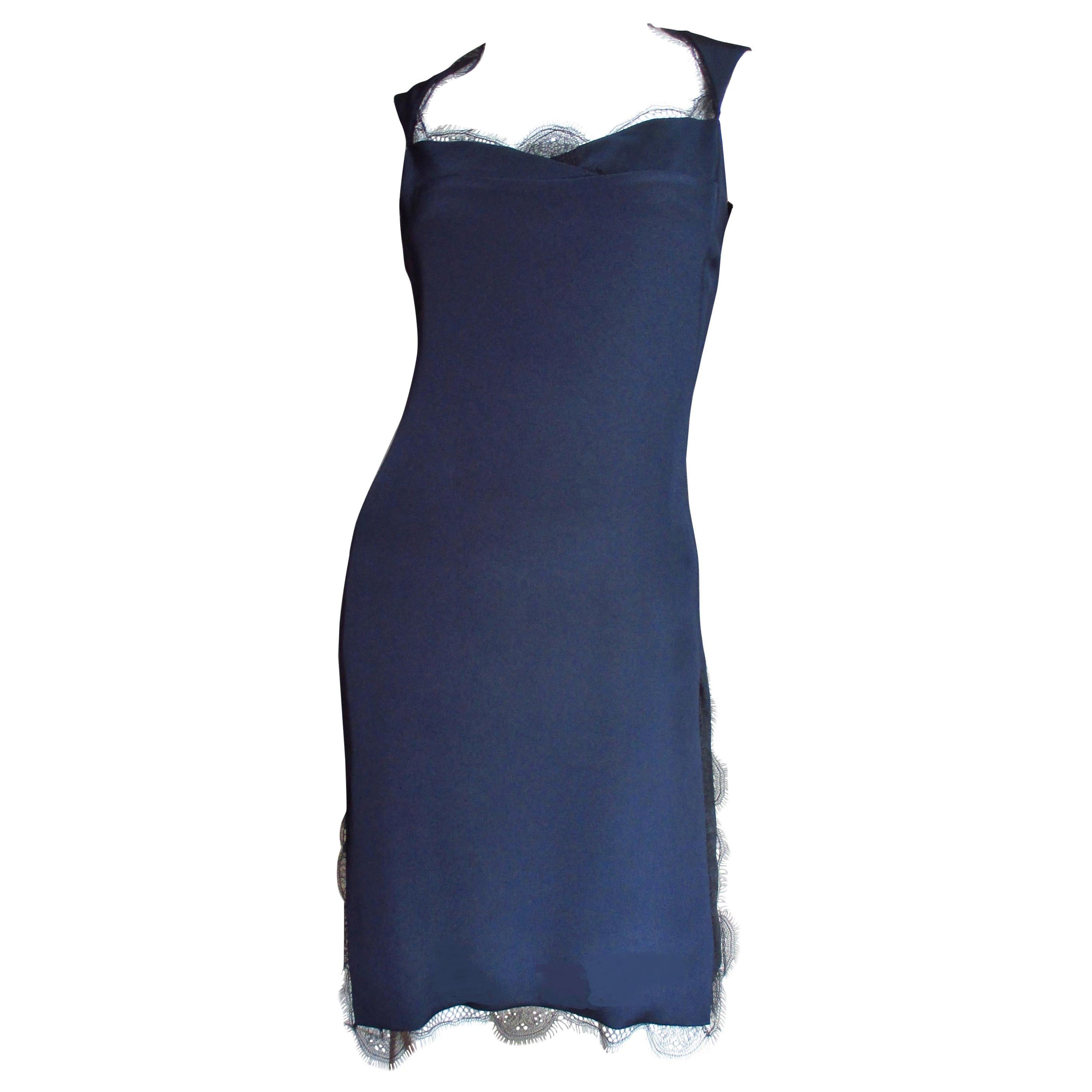 Bill Blass Lace Trim Navy Silk Dress 1990s For Sale
