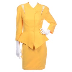 1980s Thierry Mugler Paris Retro Yellow Skirt & Peplum Blazer Suit W/ Cutwork