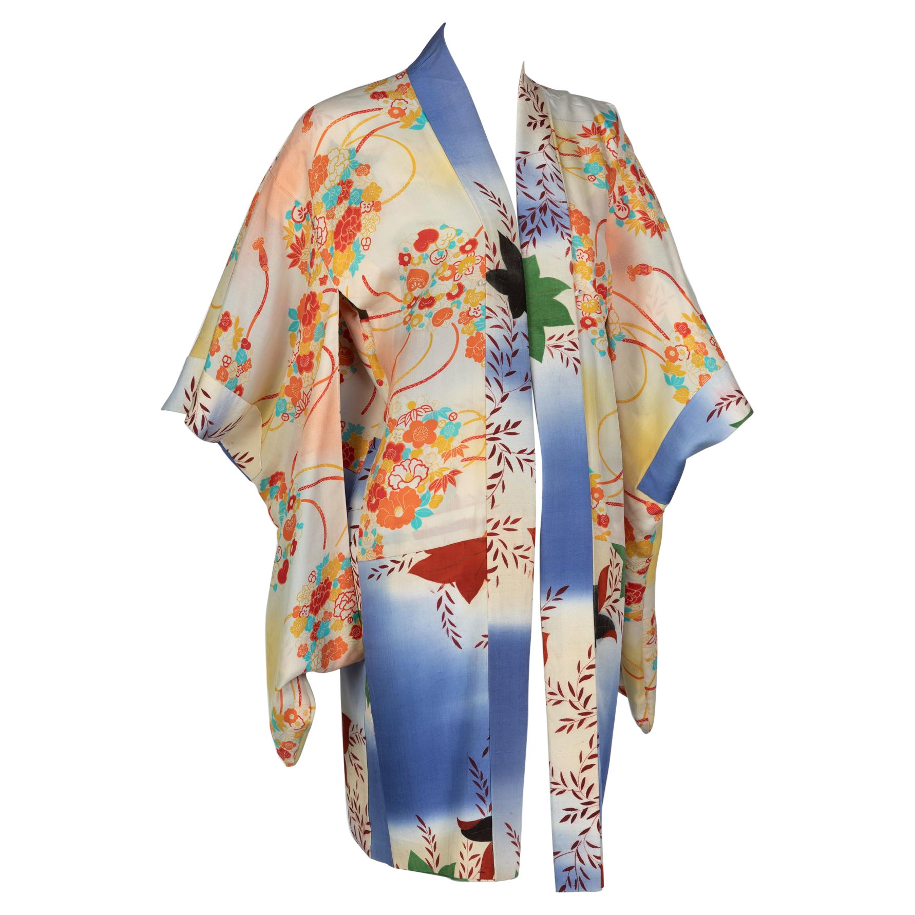 Japanese Silk Watercolor Falling Leaves Kimono Jacket Dress, 1970s For Sale