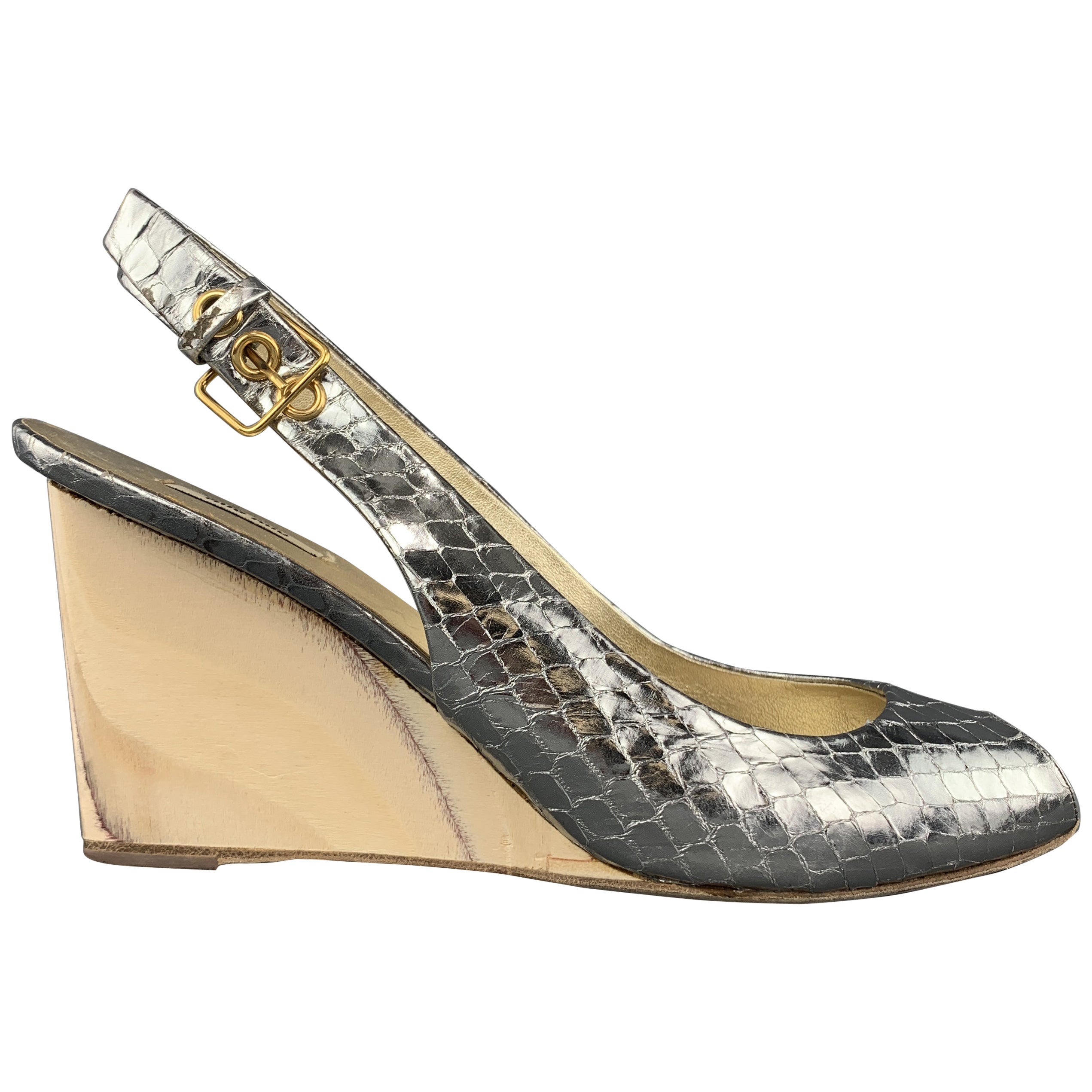 Rare 1990s Vintage Miu Miu ' Architectural ' Gunmetal Block Heels / Shoes 36.5 at 1stDibs