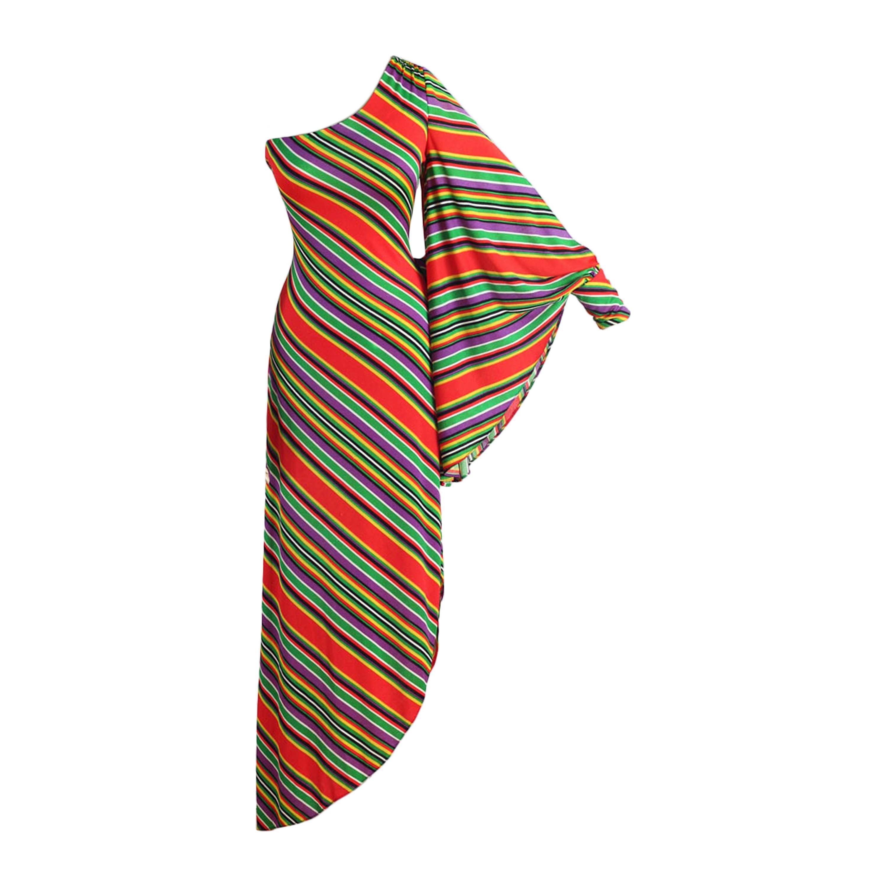 Vintage 1970s One Shoulder Striped Batwing Sleeve Dress For Sale