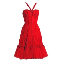 Vintage 1990's Beville Sassoon Ruby Red Sequin Tulle Sweetheart Bustier Dress
