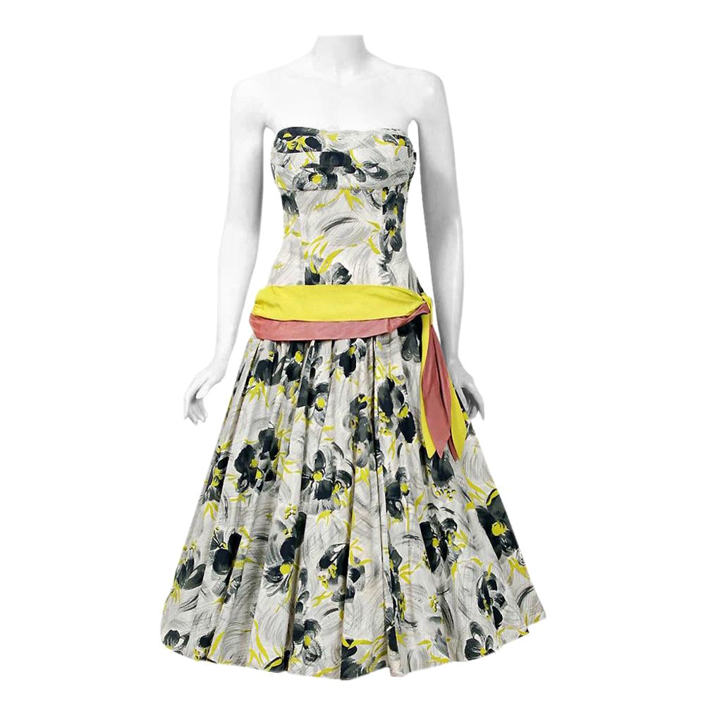 Vintage 1950s Emma Domb Grey Chartreuse Floral Print Cotton Strapless Sun Dress