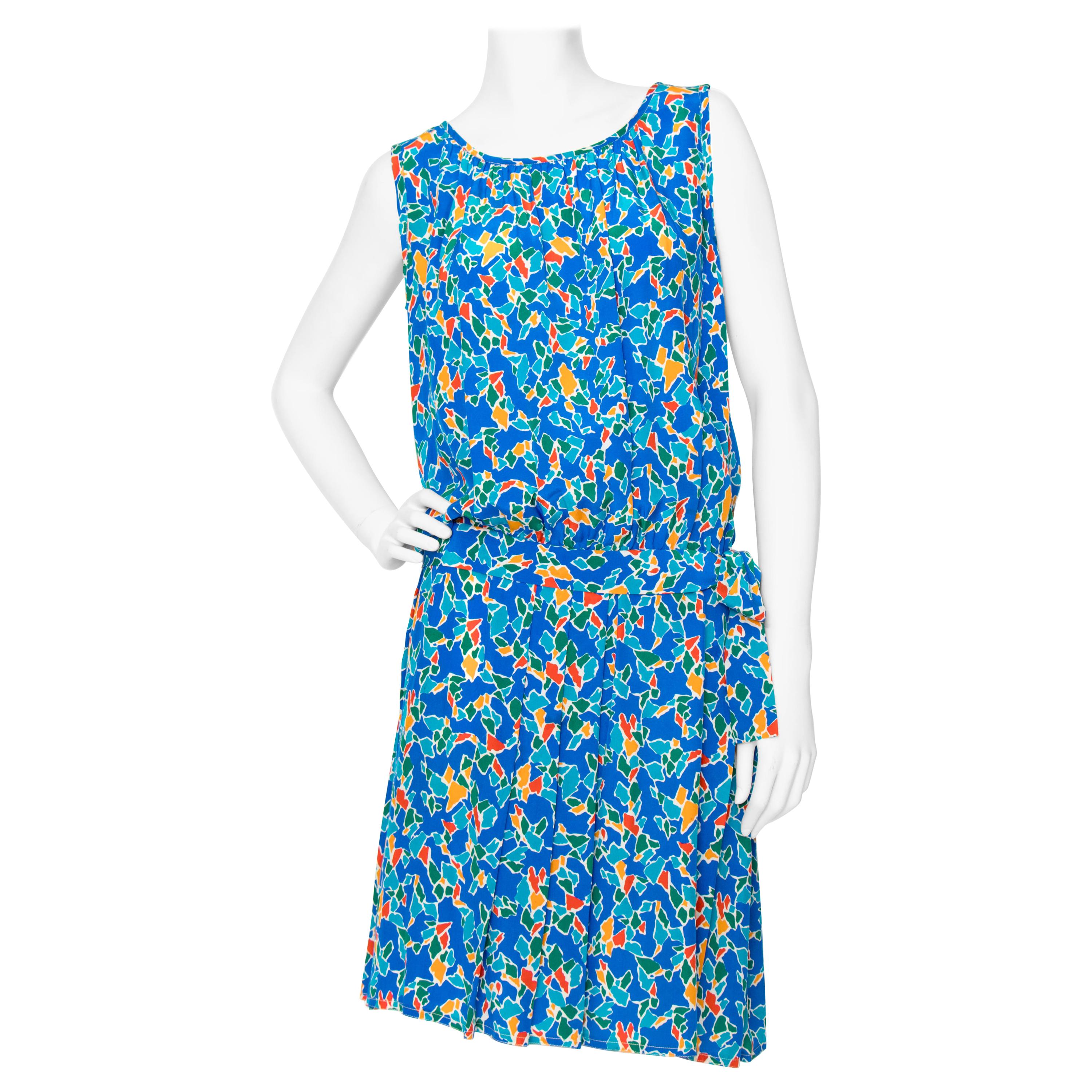 A 1980s Yves Saint Laurent Rive Gauche Graphic Sleeveless Silk Drop-waist Dress 