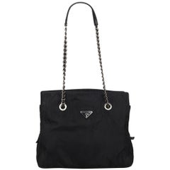 Vintage Authentic Prada Black Nylon Fabric Chain Shoulder Bag Italy MEDIUM