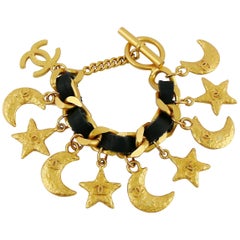 Chanel Vintage 1995 Chain and Leather Bracelet with Moon Star CC Logo Charms
