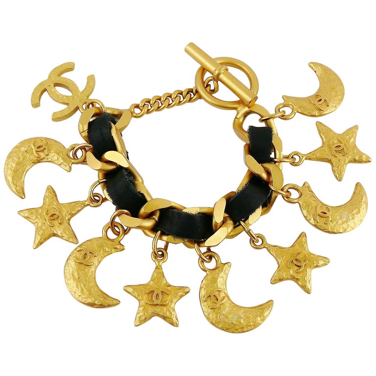 Chanel Vintage 1995 Chain and Leather Bracelet with Moon Star CC Logo  Charms at 1stDibs