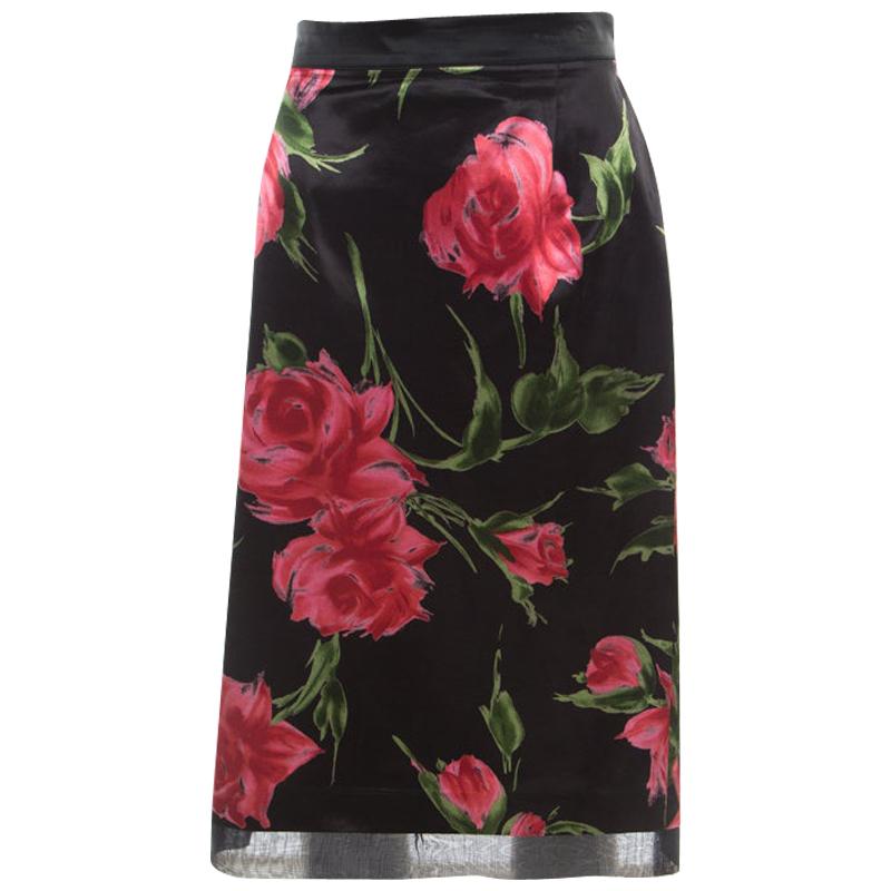 D & G Only Under 40 Vintage Black Rose Printed Satin Pencil Skirt L