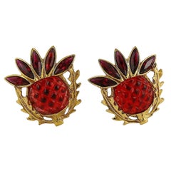 Yves Saint Laurent YSL Thistle Lucite Resin Rhinestone Clip-On Earrings