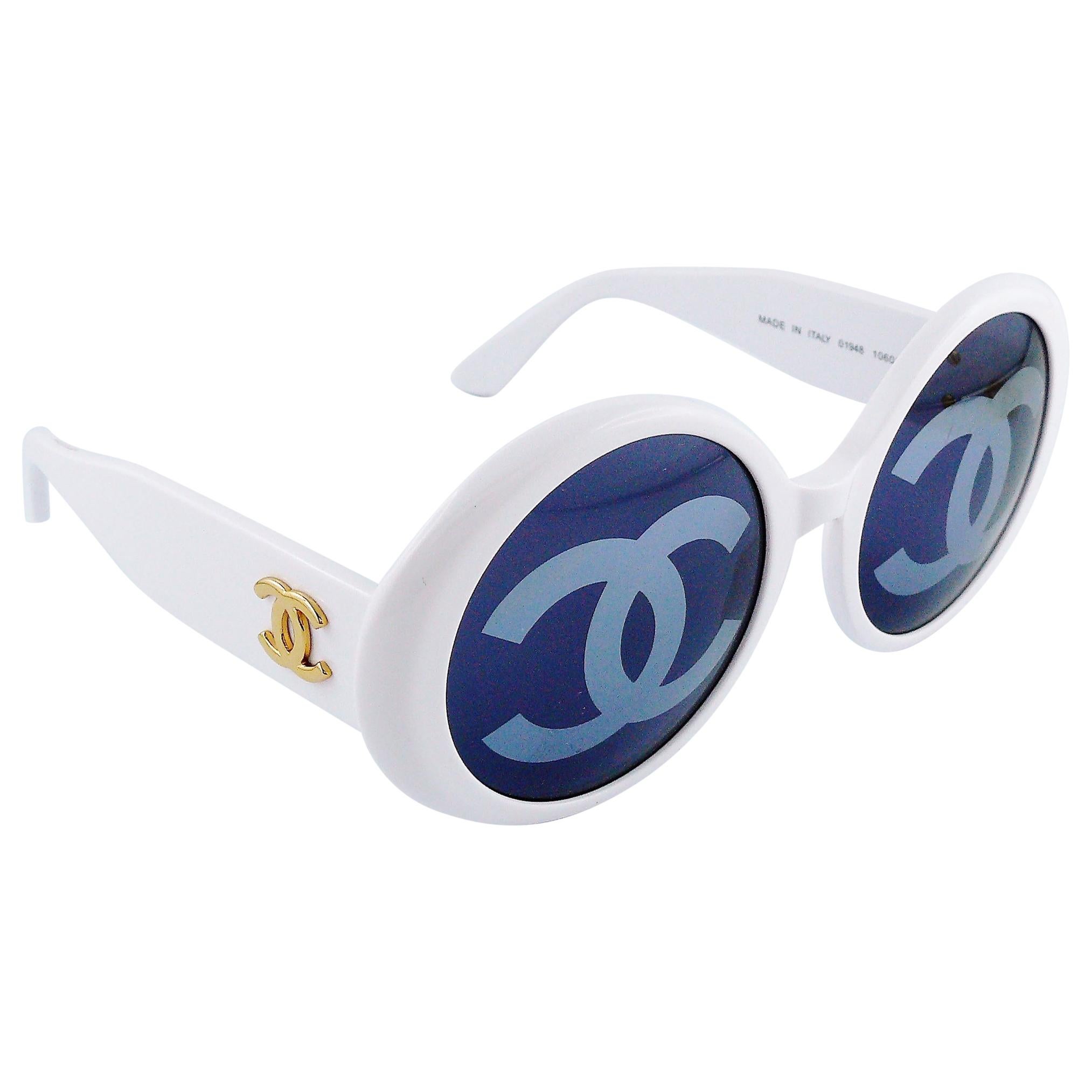 Vintage 1993 Iconic CHANEL PARIS Round White Sunglasses For Sale at 1stDibs
