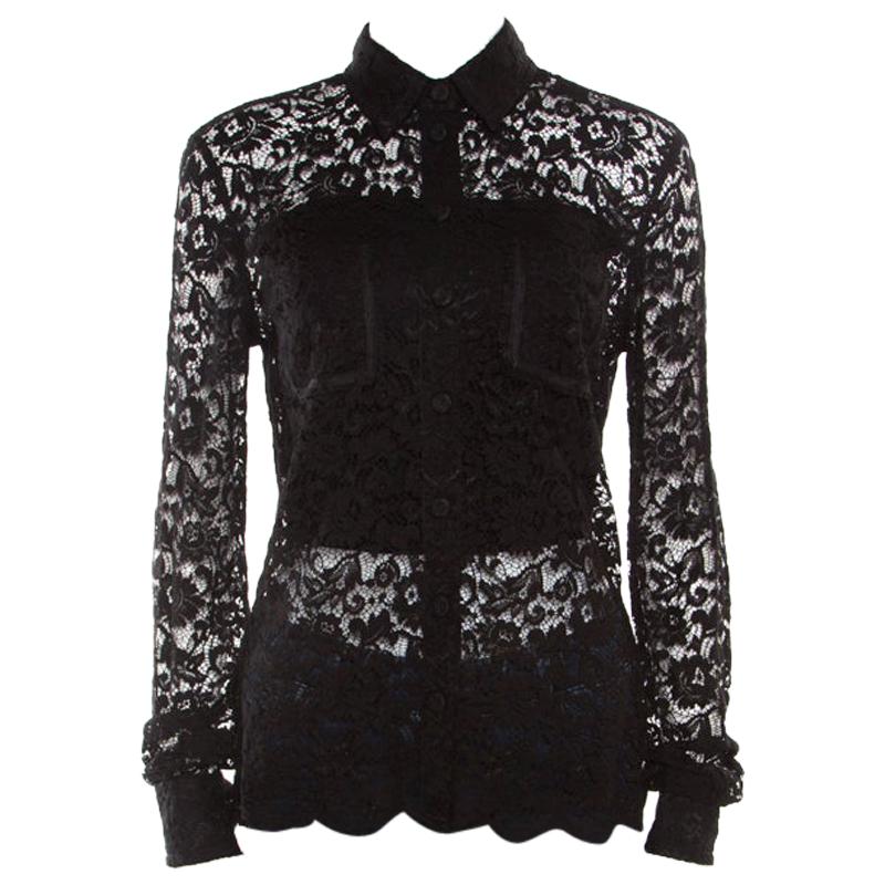 D&G Black Floral Lace Long Sleeve Button Front Scalloped Bottom Shirt S ...
