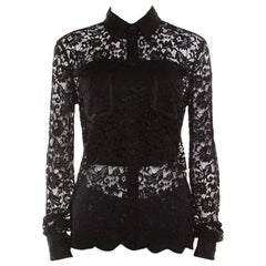 D&G Black Floral Lace Long Sleeve Button Front Scalloped Bottom Shirt S