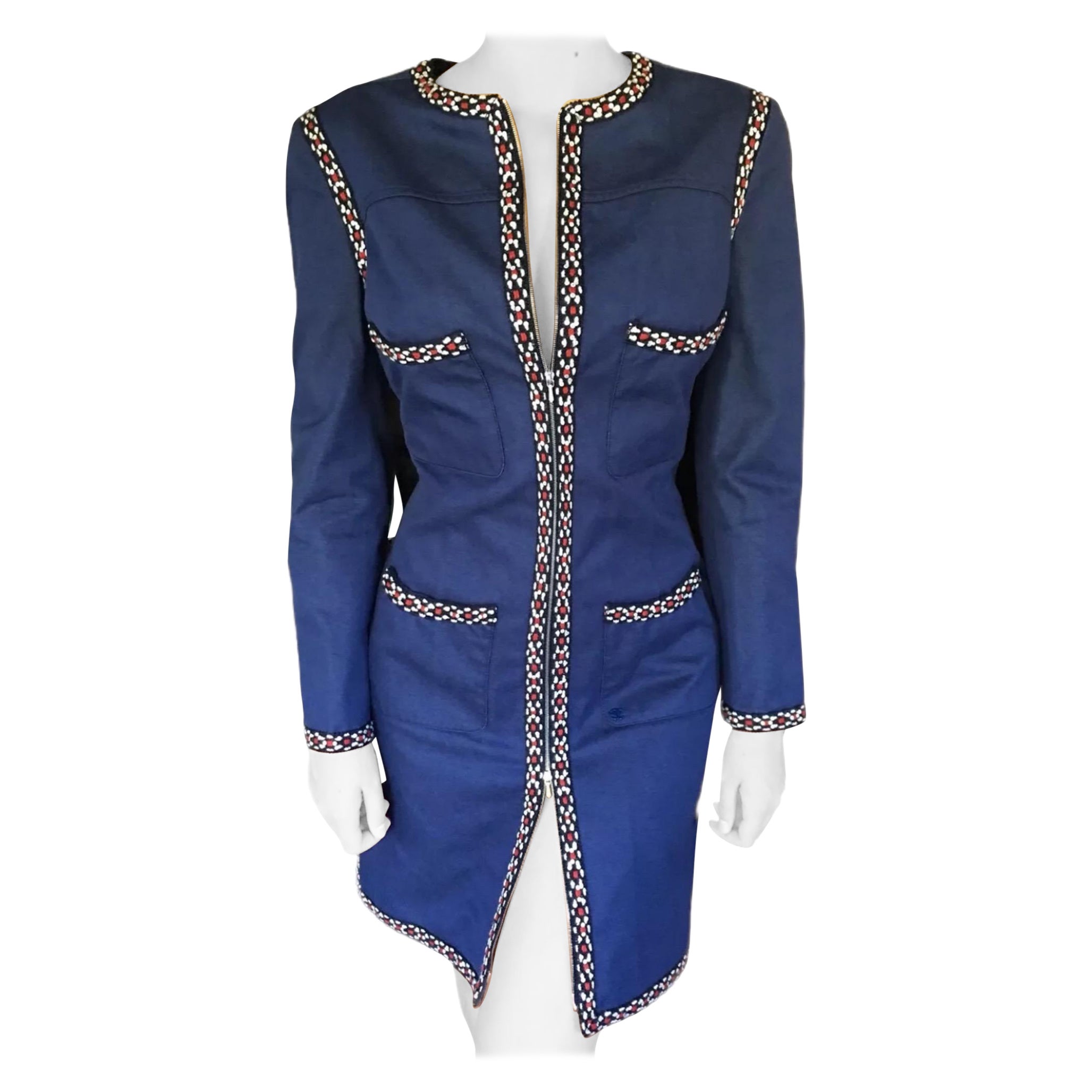 Chanel F/W 2004 Runway Sequin Embellished Trim Denim Dress Coat Jacket