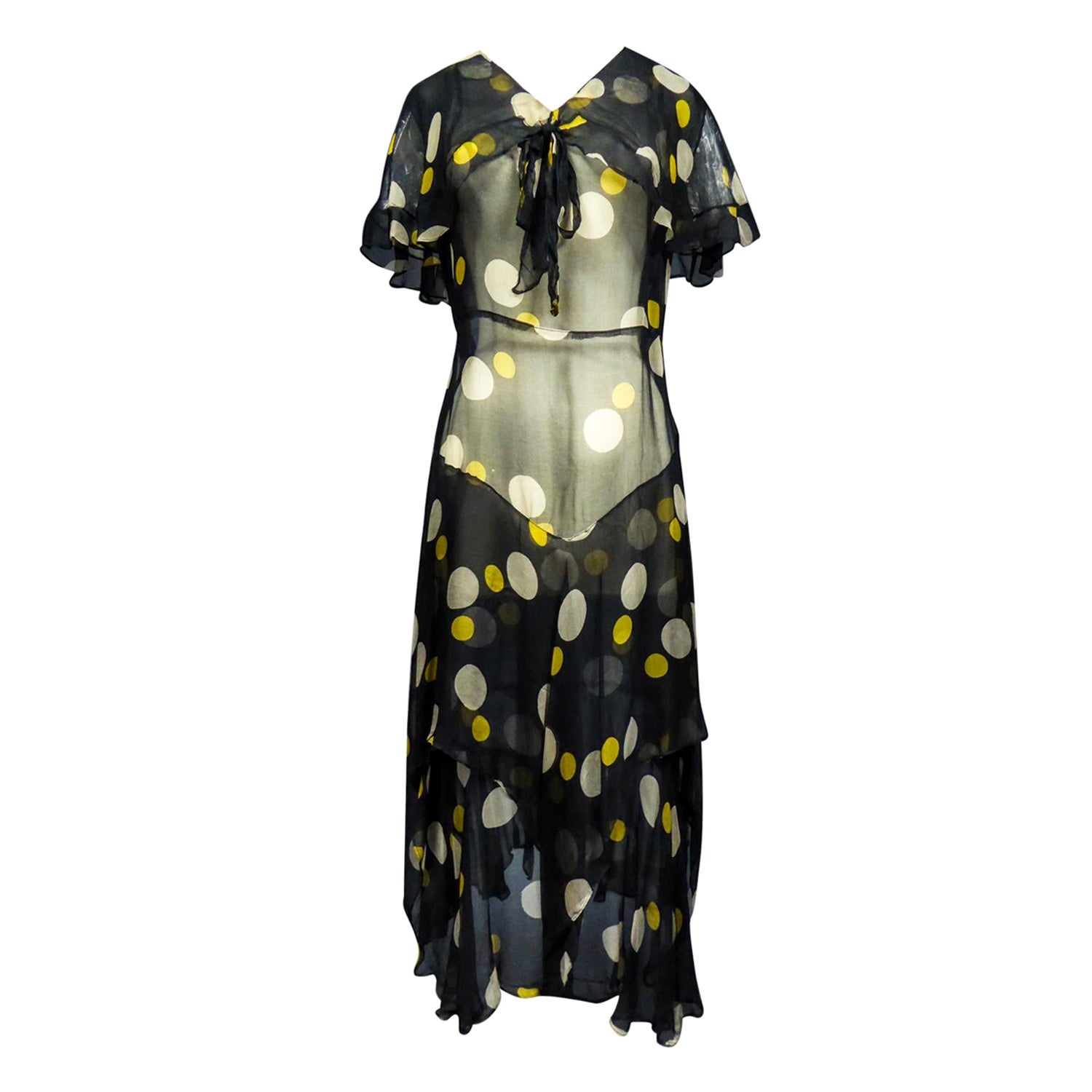 Printed Muslin Chiffon Dress -France Circa 1930 For Sale