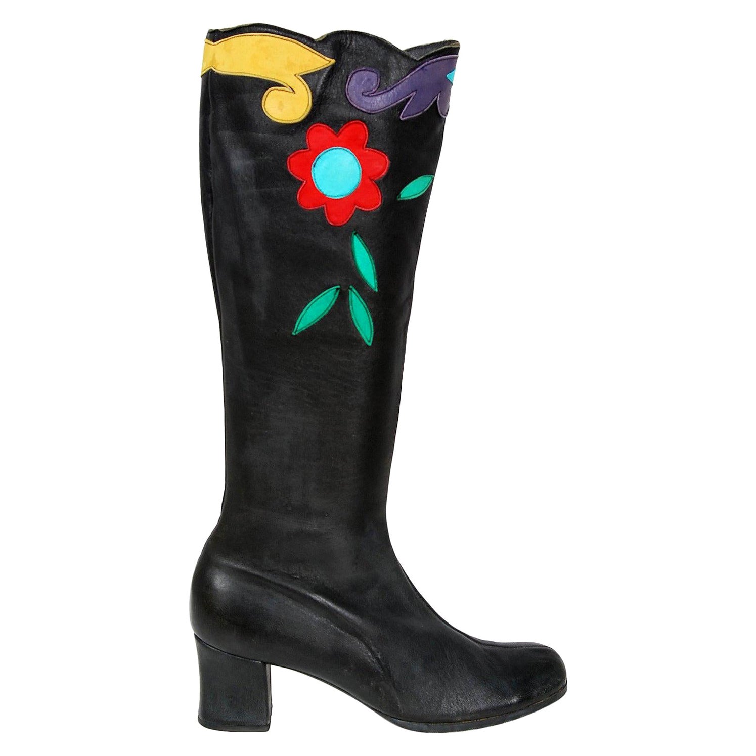 Vintage 1970s Karina of Spain Floral Applique Black Leather Knee-High Mod Boots 