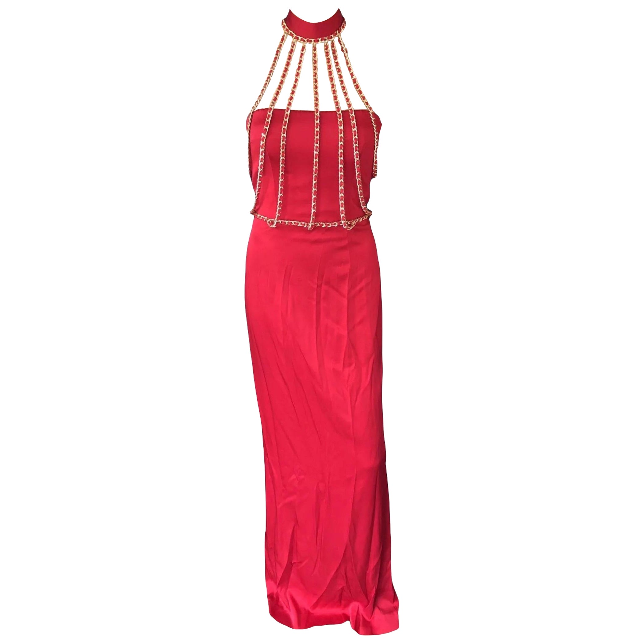 Moschino Couture Chain Harness Embellished Red Evening Dress Gown For Sale