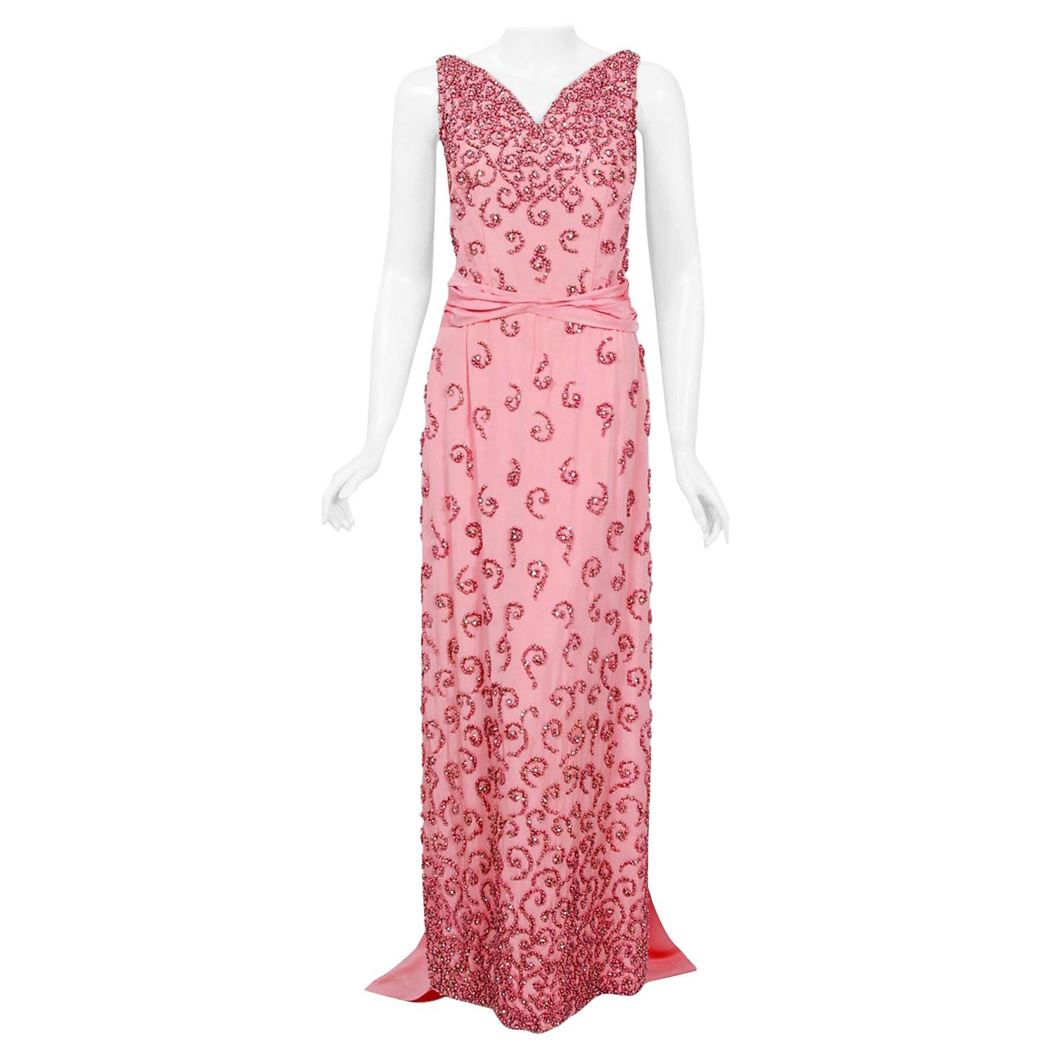 Vintage 1950s Pedro Rodriguez Couture Pink Beaded Silk Hourglass Trained  Gown For Sale at 1stDibs