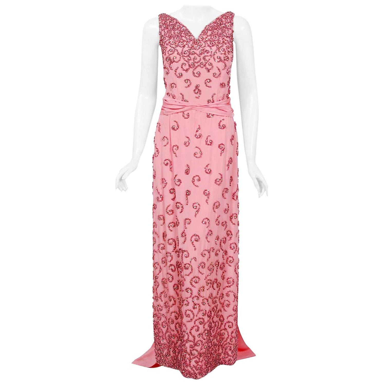 Vintage 1950s Pedro Rodriguez Couture Pink Beaded Silk Hourglass Trained Gown