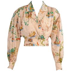 Kenzo Travel Theme Map Print Cotton Wrap Blouse 1