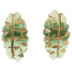 Vintage Translucent Green Lucite Clip Earrings with Gilt Application Carving