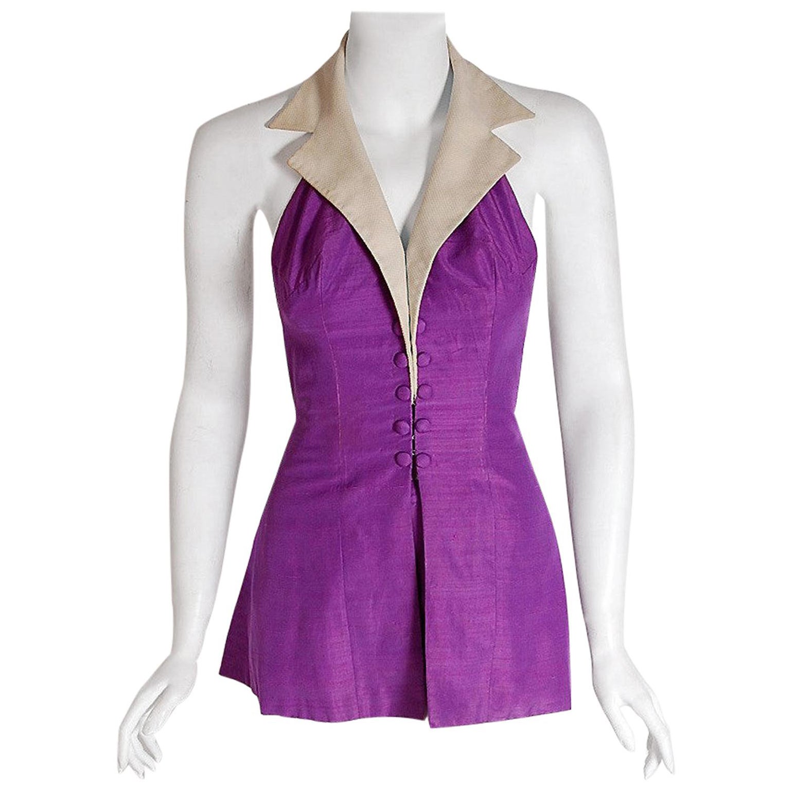 Vintage 1940s Gloria DeHaven Old Hollywood Celebrity Purple Silk Halter Playsuit For Sale