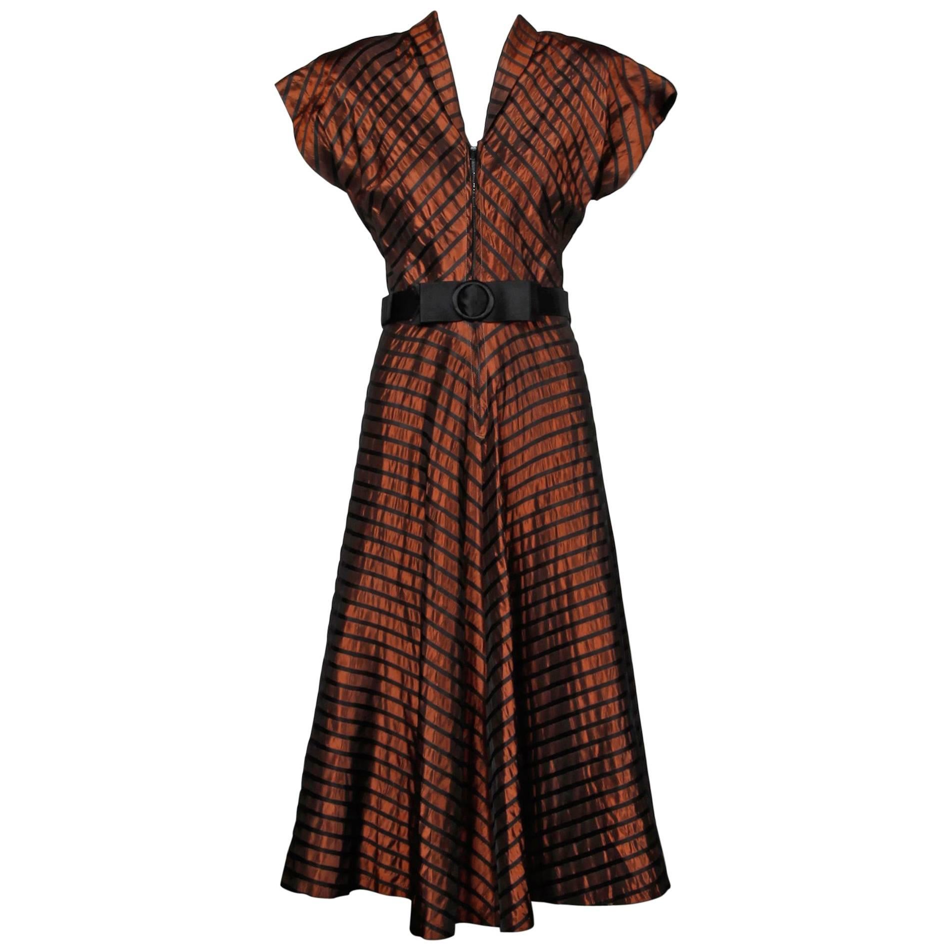 1940s Vintage Brown + Black Silk Taffeta Striped Dress with Belt