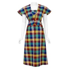 Vintage 1940's Gay Gibson Colorful Plaid Linen Cotton Sun Dress & Winged Bolero