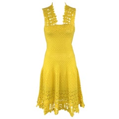 OSCAR DE LA RENTA Size XS Yellow Cotton Hand Knit Crochet Lace Sleeveless Cockta