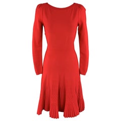 VALENTINO Size S Red Knit long Sleeve Pleat Flare Skirt Dress