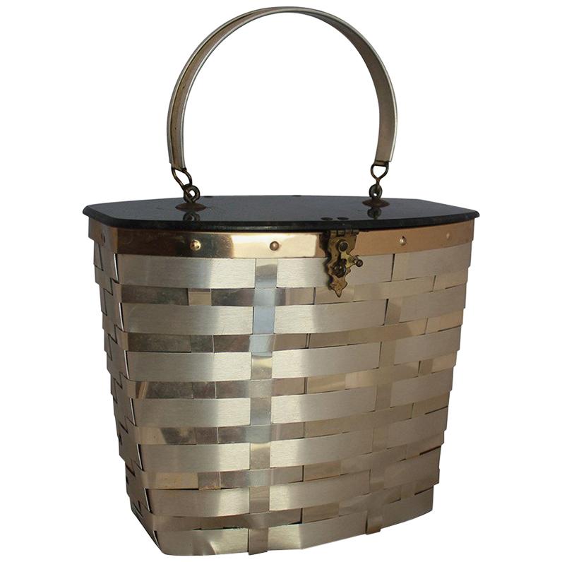 Goldstrom Vintage Goldtone Basket Weave with Grey Marbleized Top Bag, 1950s  For Sale