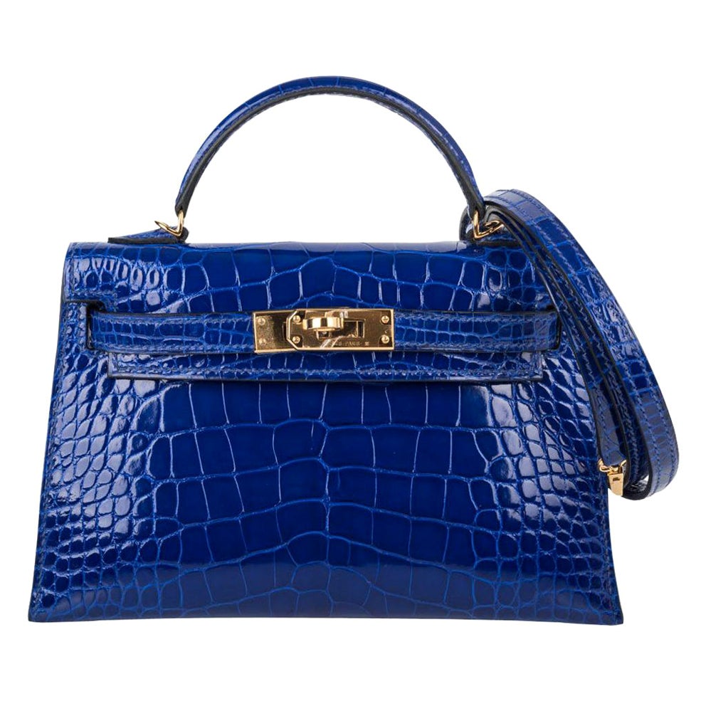 Hermes Kelly 20 Mini Sellier Bleu Iris Autruche (Ostrich) Gold Hardware #D  - Vendome Monte Carlo