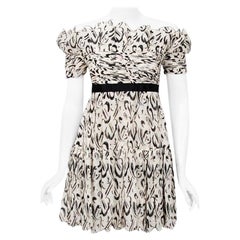 1990 Chanel by Karl Lagerfeld Documented Graphic Print Ivory Silk Mini Dress