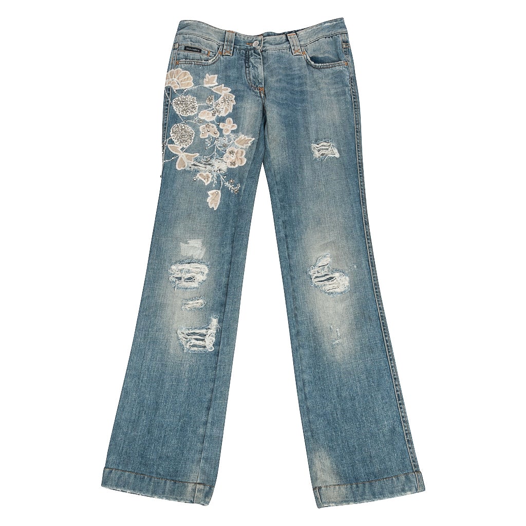Dolce and Gabbana Blue Light Wash Denim Crystal Embellished Jeans S For ...