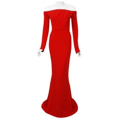 Vintage 2004 Jean-Louis Scherrer Couture Red Silk Off-Shoulder Trained Gown