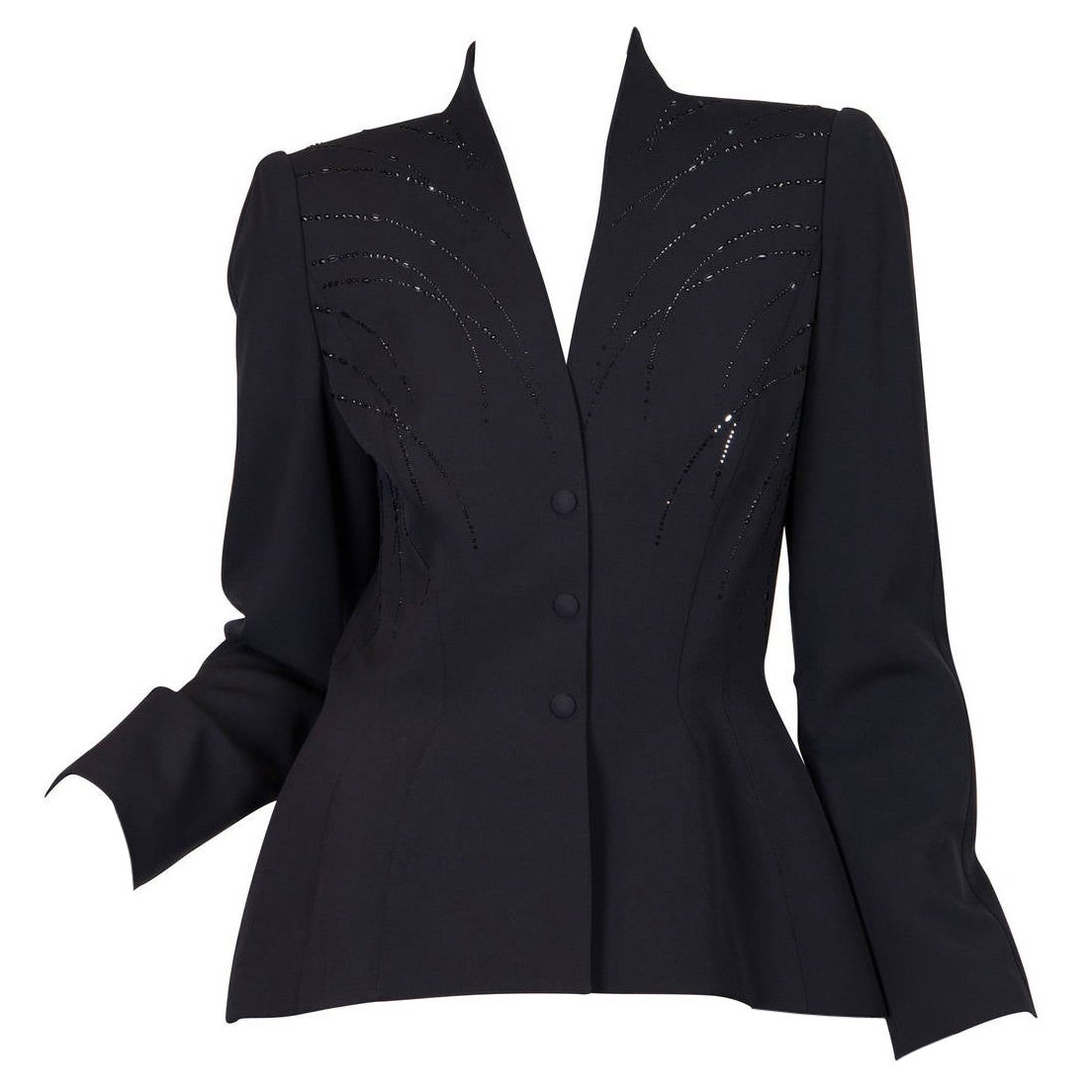 1980S THIERRY MUGLER Gunmetal Grey Wool Jacket Studded With Crystals For Sale