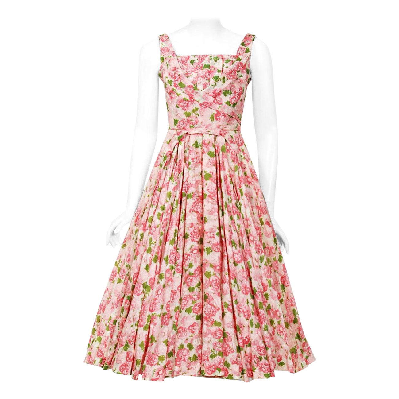 Vintage 1950's Ceil Chapman Pink Carnations Floral Print Cotton Full-Skirt Dress