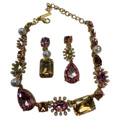 Vintage Oscar De La Renta Faux Pearls and Pink Crystals Runway Necklace and Earrings